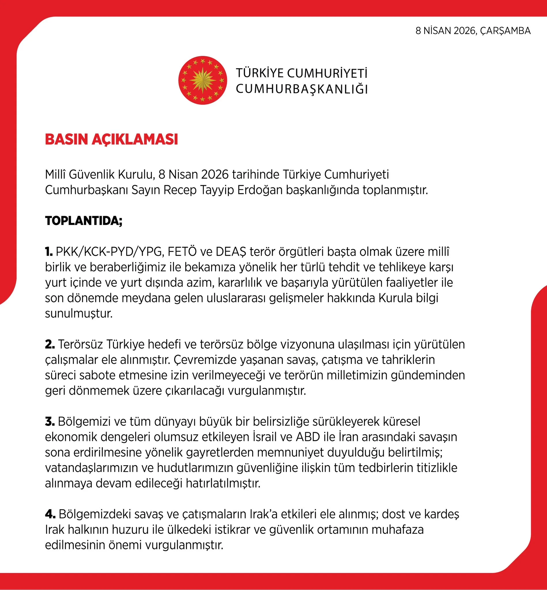 MGK'dan uluslararası güvenlik ortamına dair açıklama