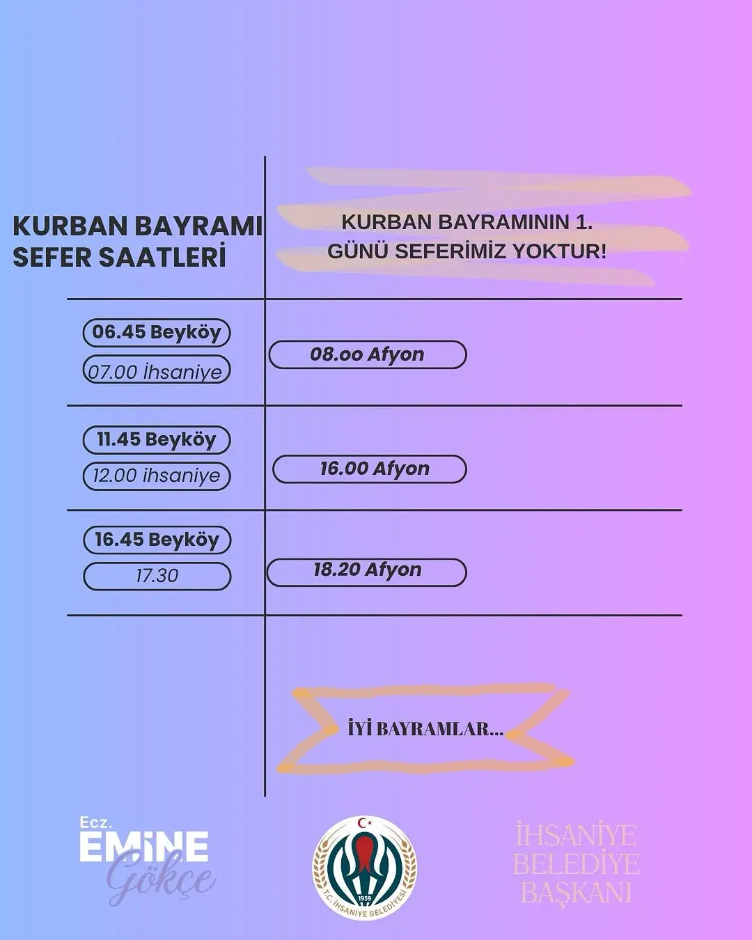 İhsaniye Belediyesi'nden Kurban Bayramı Sefer Saatleri Duyurusu