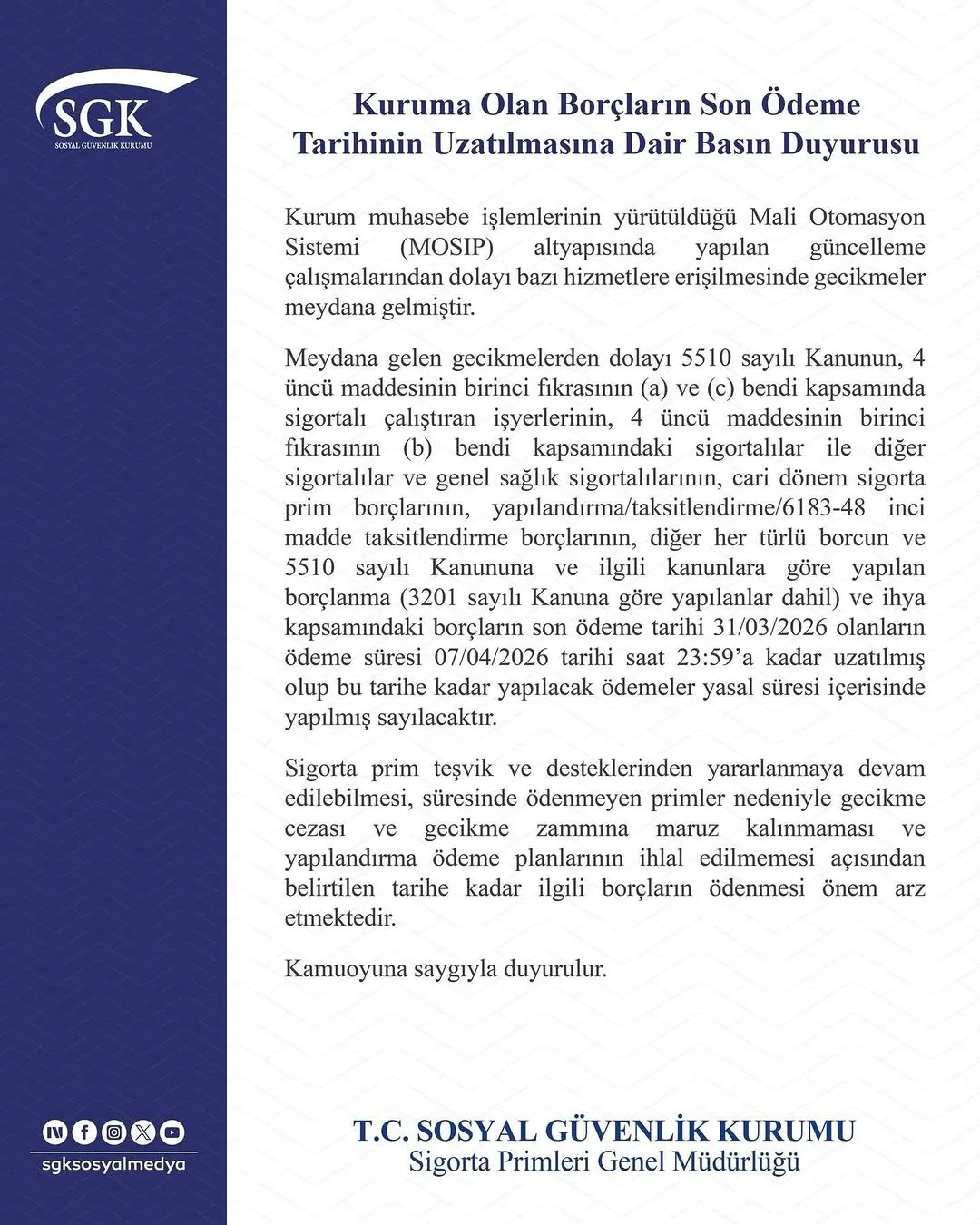 SGK'dan Borçların Son Ödeme Tarihi Hakkında Önemli Duyuru