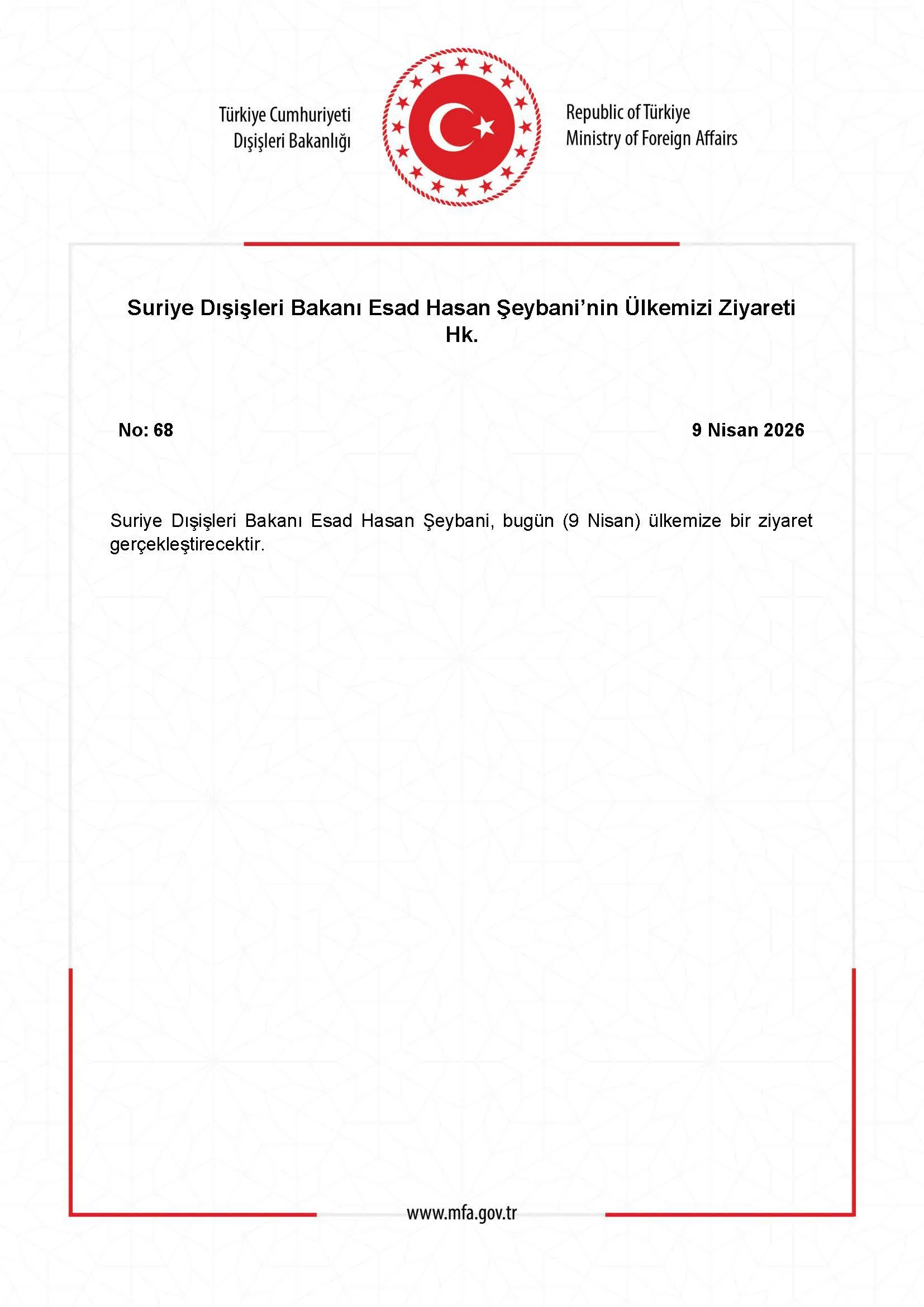 Suriye Dışişleri Bakanı'nın Ülkemizi Ziyareti