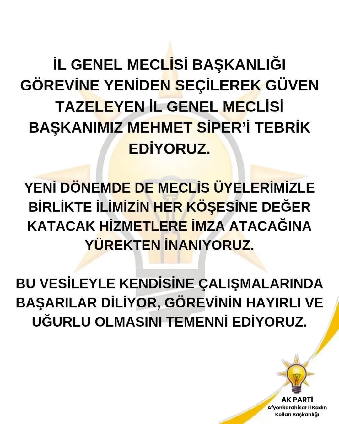 AK Parti Afyonkarahisar İl Kadın Kolları'ndan Mehmet Siper'e Tebrik Mesajı