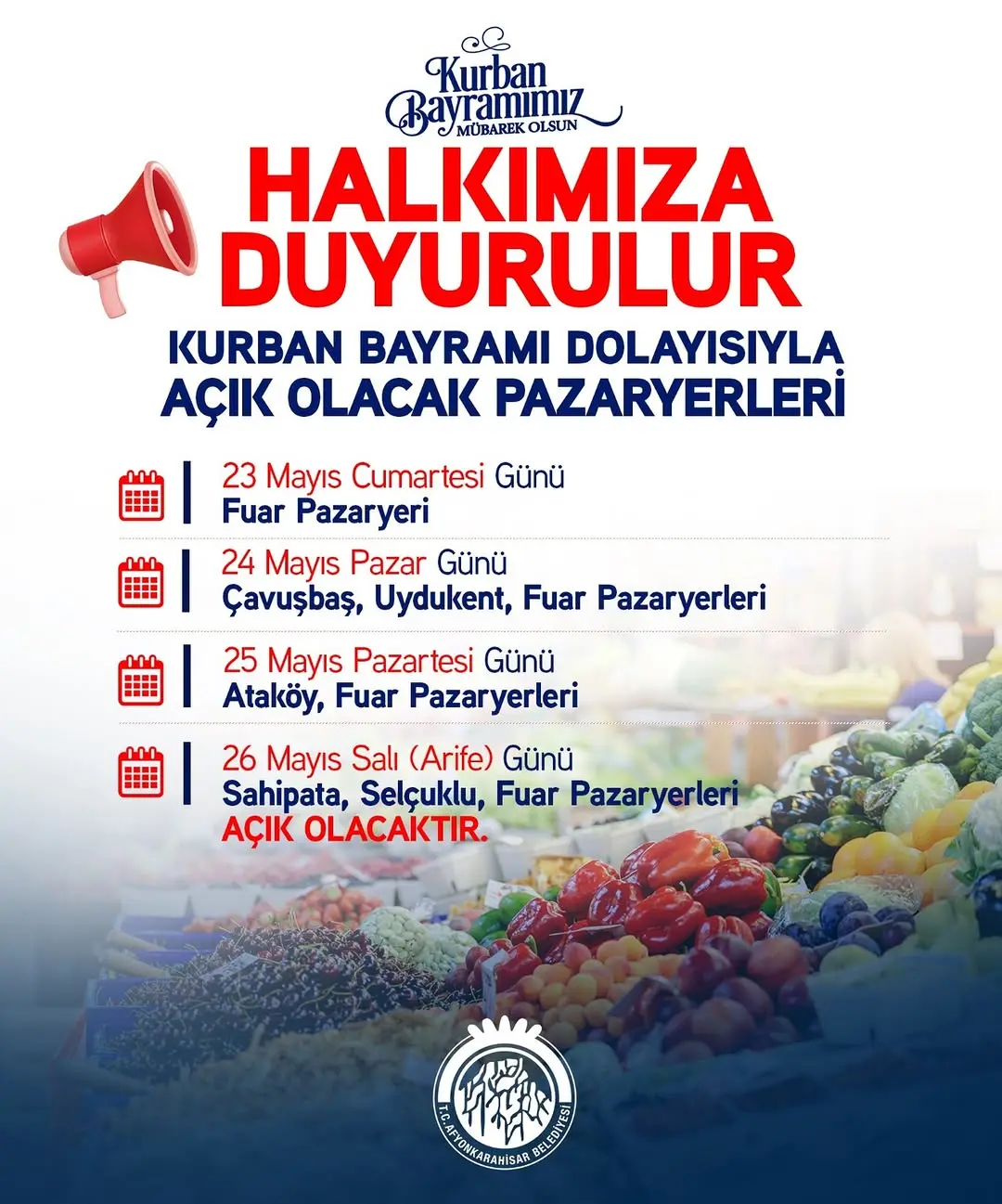 Afyonkarahisar Belediyesi'nden Kurban Bayramı Açık Pazar Yeri Duyurusu
