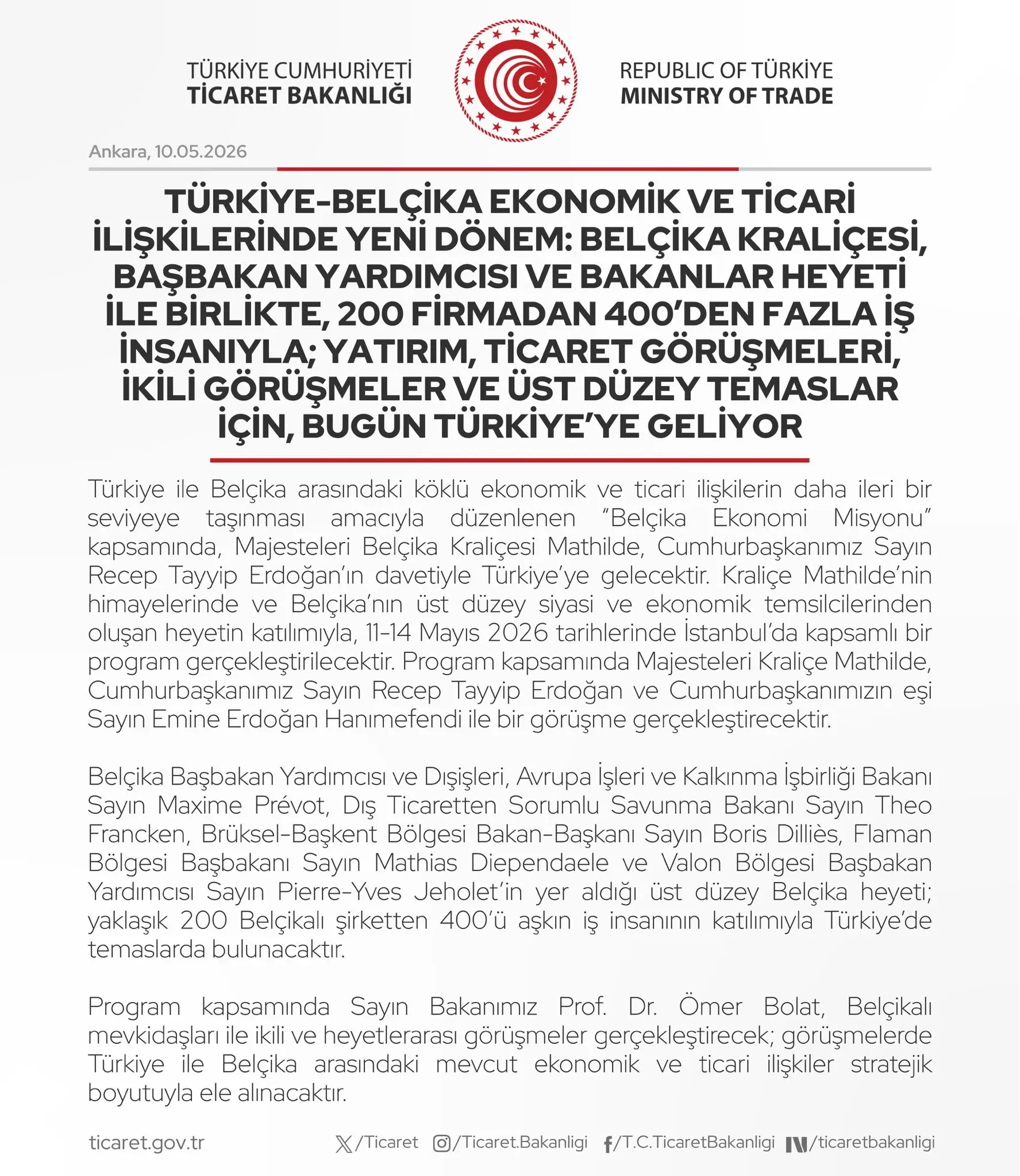 Belçika Kraliçesi Türkiye'de Ekonomik İlişkiler İçin
