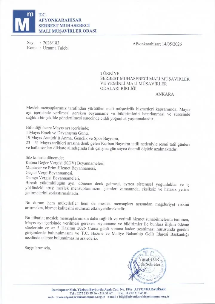 Afyonkarahisar Mali Müşavirler Odası'ndan Uzatma Talebi