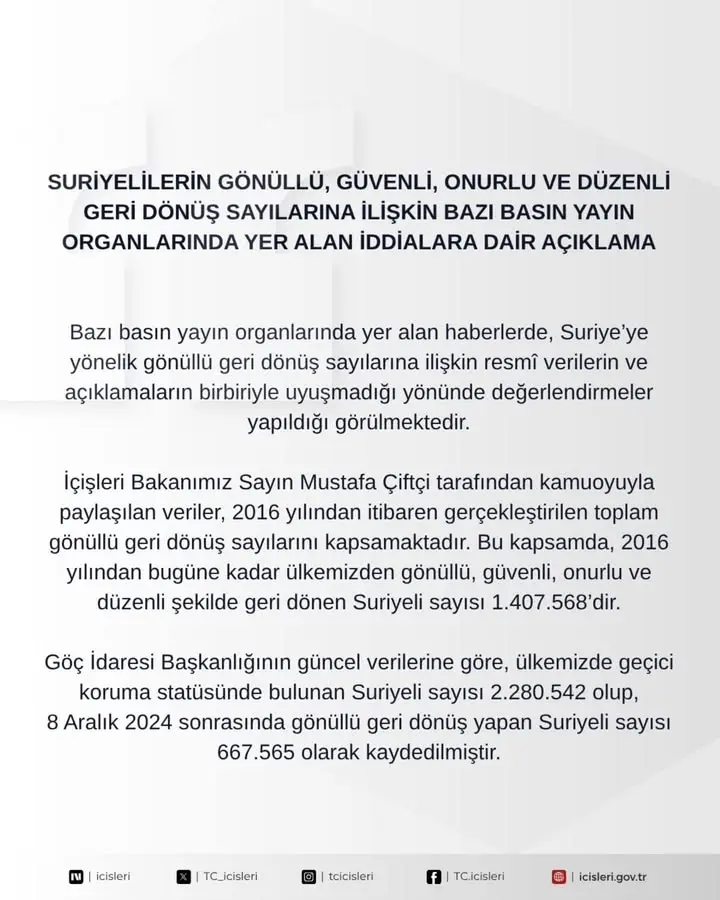 T.C. İçişleri Bakanlığı'ndan Suriyelilerin Geri Dönüş Sayılarıyla İlgili Açıklama